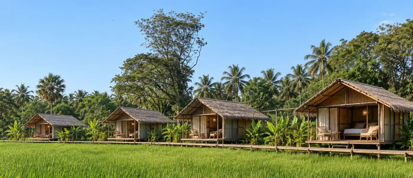 Vantara Eco Lodge bungalows beside the paddy fields
